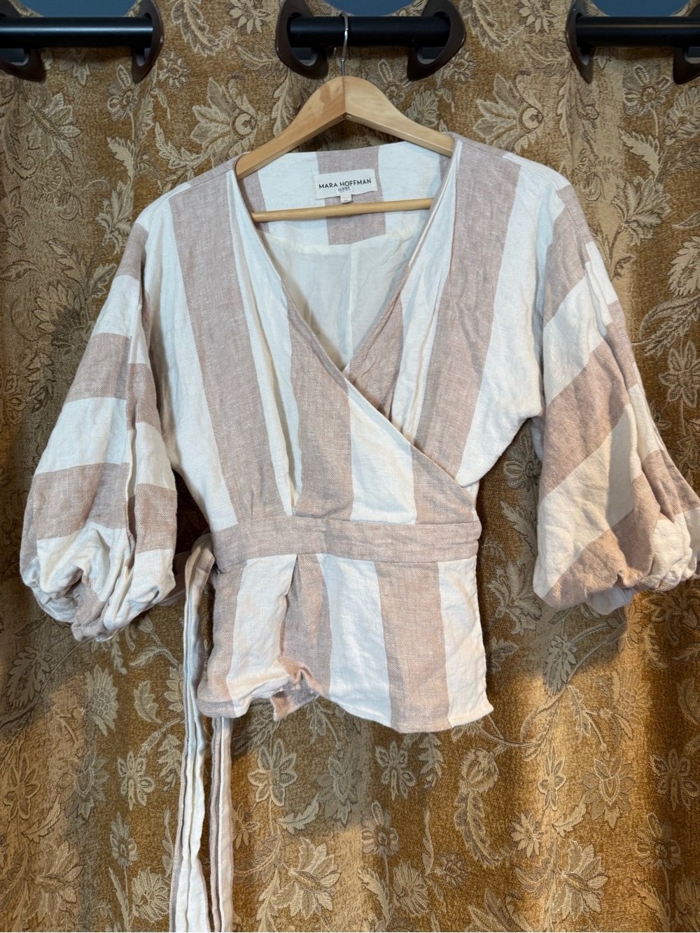 MARA HOFFMAN 100% organic linen Libby cream & light brown Striped Wrap Top